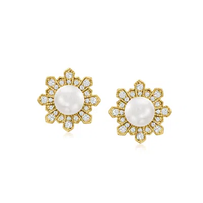 Ross-simons 5.5-6mm Cultured Pearl And . Diamond Earrings In 18kt Gold Over Sterling
