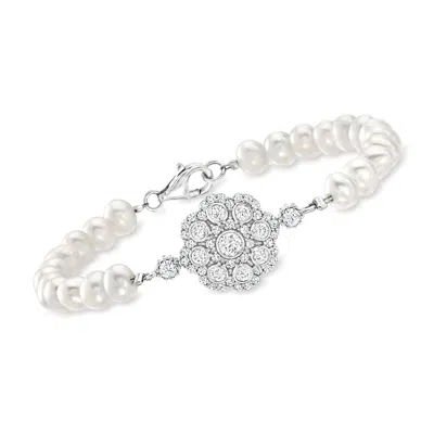 Ross-simons 5.5-6mm Cultured Pearl And White Topaz Bracelet In Sterling Silver In Multi