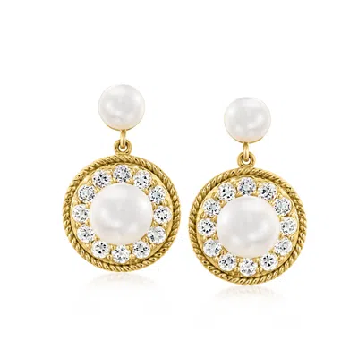 Ross-simons 5.5-8.5mm Cultured Pearl Circle Drop Earrings With White Topaz In 18kt Gold Over Sterling In Multi