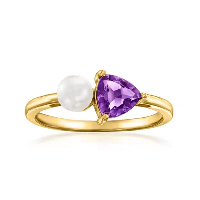 Ross-simons 5mm Cultured Pearl And . Amethyst Toi Et Moi Ring In 14kt Yellow Gold In Purple