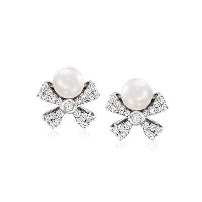 Ross-simons 5mm Cultured Pearl And . Diamond Bow Earrings In Sterling Silver In White