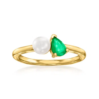 Ross-simons 5mm Cultured Pearl And . Emerald Toi Et Moi Ring In 14kt Yellow Gold In Green