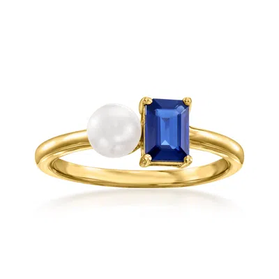Ross-simons 5mm Cultured Pearl And . Sapphire Toi Et Moi Ring In 14kt Yellow Gold