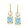 Ross-simons 5mm Cultured Pearl And Sky Blue Topaz Drop Earrings In 18kt Gold Over Sterling