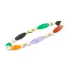ROSS-SIMONS 5X15MM MULTICOLORED JADE BEAD AND 4-4.5MM CULTURED PEARL STATION BRACELET WITH 14KT YELLOW GOLD