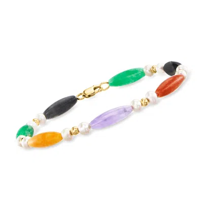 Ross-simons 5x15mm Multicolored Jade Bead And 4-4.5mm Cultured Pearl Station Bracelet With 14kt Yellow Gold In Green