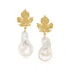 Ross-simons 6-12mm Cultured Baroque Pearl Leaf Drop Earrings In 18kt Gold Over Sterling In White