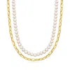 Ross-simons 6-6.5mm Cultured Pearl And 18kt Gold Over Sterling Paper Clip Link Layered Necklace In Silver