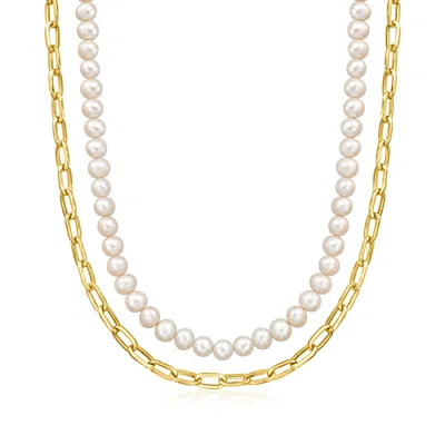 Ross-simons 6-6.5mm Cultured Pearl And 18kt Gold Over Sterling Paper Clip Link Layered Necklace In Silver