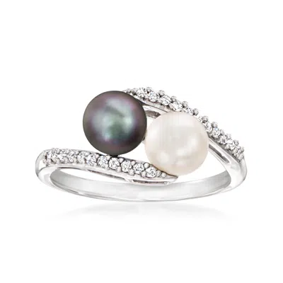 ROSS-SIMONS 6-6.5MM BLACK AND WHITE CULTURED BUTTON PEARL AND . DIAMOND BYPASS RING IN STERLING SILVER
