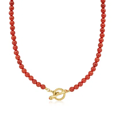Ross-simons 6-6.5mm Carnelian Bead Toggle Clasp Necklace In 18kt Gold Over Sterling In Red