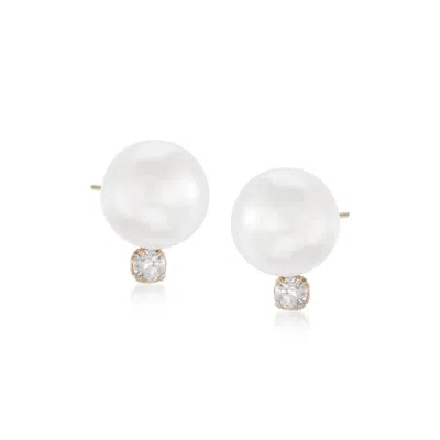 Ross-simons 6-6.5mm Cultured Akoya Pearl And Diamond Accent Earrings In 14kt Yellow Gold In White