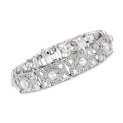 Ross-simons 6-6.5mm Cultured Pearl And Diamond Bracelet In Sterling Silver In Metallic