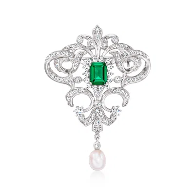 Ross-simons 6-6.5mm Cultured Pearl And Simulated Emerald Vintage-style Pin With Czs In Sterling Silver In Green