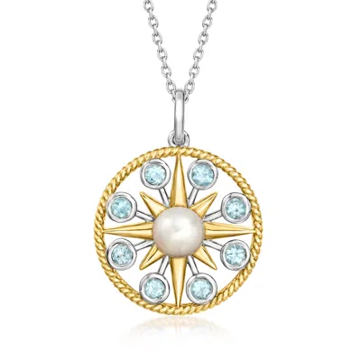 Ross-simons 6-6.5mm Cultured Pearl And . Sky Blue Topaz Sun Pendant Necklace In Sterling Silver And 18kt Gold Ov In Multi