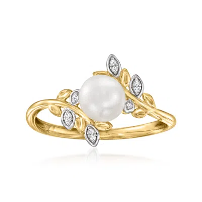 Ross-simons 6-6.5mm Cultured Pearl Leaf Ring With Diamond Accents In 14kt Yellow Gold In White