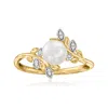 Ross-simons 6-6.5mm Cultured Pearl Leaf Ring With Diamond Accents In 14kt Yellow Gold In White