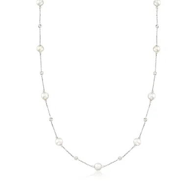 Ross-simons 6-7mm Cultured Pearl And . Diamond Station Necklace In 14kt White Gold In Silver