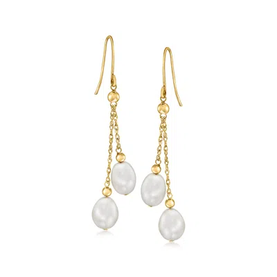Ross-simons 6-7mm Cultured Pearl Double-drop Earrings In 14kt Yellow Gold In Silver