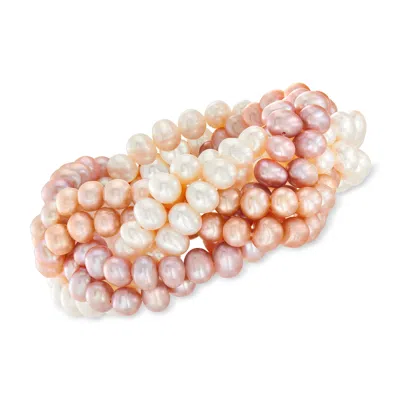 Ross-simons 6-7mm Multicolored Cultured Pearl Braided Stretch Bracelet In Silver
