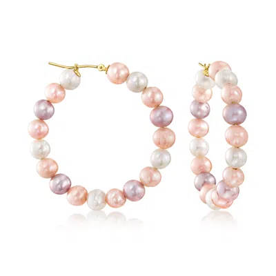 Ross-simons 6-7mm Multicolored Cultured Pearl Hoop Earrings In 14kt Yellow Gold In Pink