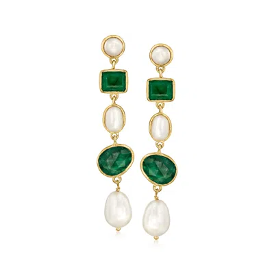 Ross-simons 6-9mm Cultured Pearl And Bezel-set Emerald Drop Earrings In 18kt Gold Over Sterling In Green