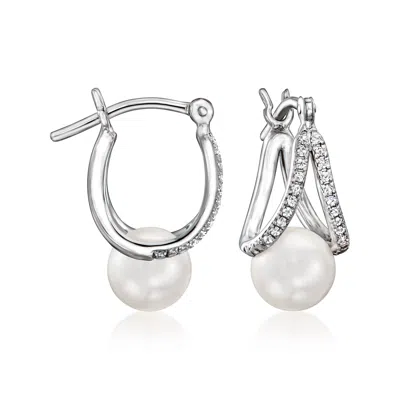 Ross-simons 6.5-7mm Cultured Pearl And . Diamond Double-hoop Earrings In Sterling Silver In White