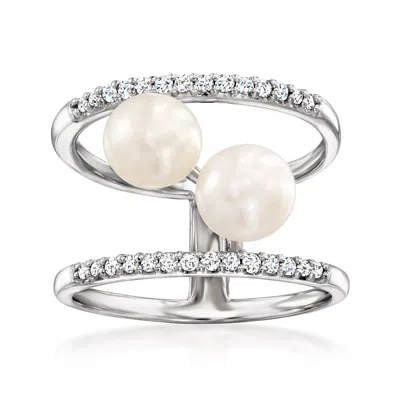 Ross-simons 6.5-7mm Cultured Pearl And . Diamond Open-space Ring In Sterling Silver In White