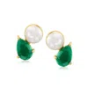 Ross-simons 6.5-7mm Cultured Pearl And Emerald Toi Et Moi Earrings In 18kt Gold Over Sterling