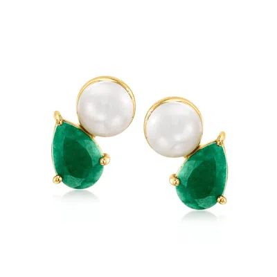 Ross-simons 6.5-7mm Cultured Pearl And Emerald Toi Et Moi Earrings In 18kt Gold Over Sterling