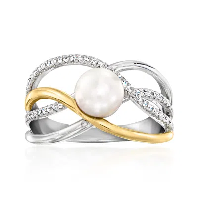 Ross-simons 6.5-7mm Cultured Pearl Highway Ring With . Diamonds In Sterling Silver And 18kt Gold Over Sterling In White