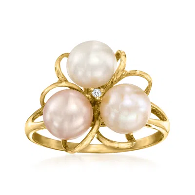 Ross-simons 6.5-7mm Multicolored Cultured Pearl Flower Ring With Diamond Accent In 18kt Gold Over Sterling
