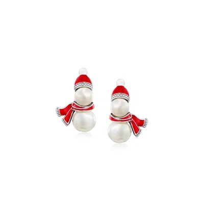 Ross-simons 6.5-9mm Cultured Pearl Snowman Earrings With Multicolored Enamel And Diamond Accents In Sterling Sil In Metallic