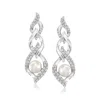 Ross-simons 6mm Cultured Pearl And . Diamond Link Drop Earrings In Sterling Silver In White