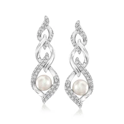 Ross-simons 6mm Cultured Pearl And . Diamond Link Drop Earrings In Sterling Silver In White