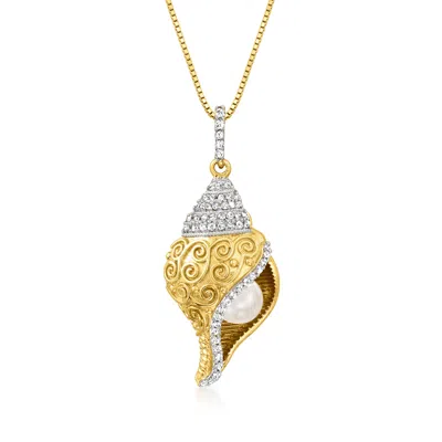Ross-simons 6mm Cultured Pearl And . White Topaz Seashell Pendant Necklace In 18kt Gold Over Sterling In Multi
