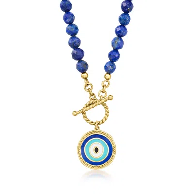 Ross-simons 6mm Lapis Bead And Multicolored Enamel Evil Eye Toggle Necklace In 18kt Gold Over Sterling In Blue