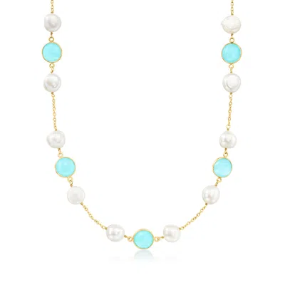 Ross-simons 7-10mm Cultured Semi-baroque Pearl And Blue Chalcedony Station Necklace In 18kt Gold Over Sterling