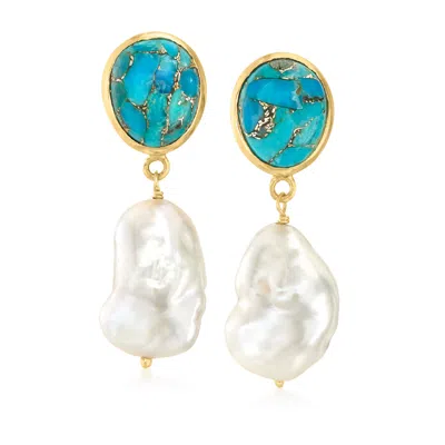 Ross-simons 7-11mm Cultured Barque Pearl And Turquoise Drop Earrings In 18kt Gold Over Sterling