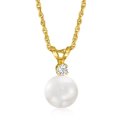 Ross-simons 7-7.5mm Cultured Akoya Pearl And Diamond Accent Necklace In 14kt Yellow Gold In Silver