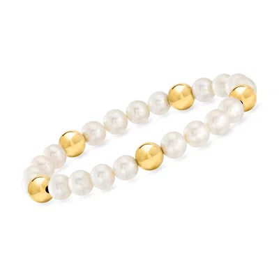 Ross-simons 7-7.5mm Cultured Pearl And 8mm 14kt Yellow Gold Bead Stretch Bracelet In Multi