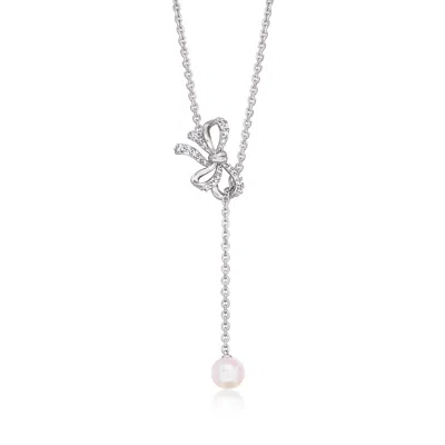 Ross-simons 7-7.5mm Cultured Pearl And . Diamond Bow Lariat Necklace In Sterling Silver