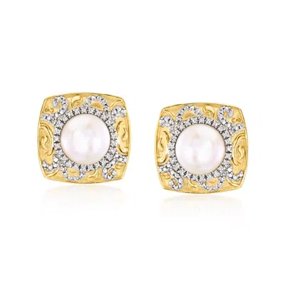 Ross-simons 7-7.5mm Cultured Pearl And . Diamond Earrings In 18kt Gold Over Sterling In White