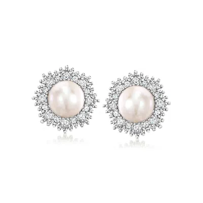 Ross-simons 7-7.5mm Cultured Pearl And . Diamond Earrings In Sterling Silver In White