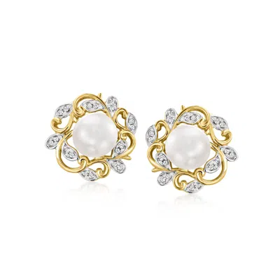 Ross-simons 7-7.5mm Cultured Pearl And . Diamond Leaf Earrings In 14kt Yellow Gold In White