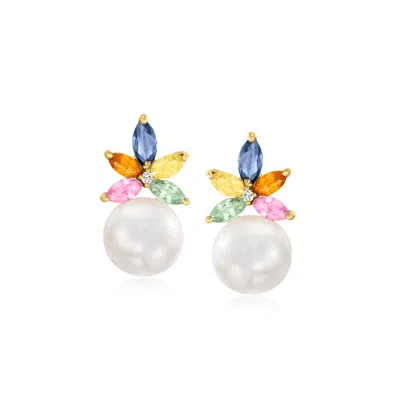 Ross-simons 7-7.5mm Cultured Pearl And Multicolored Sapphire Drop Earrings With Diamond Accents In 14kt Yellow G In Blue