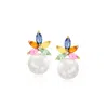 Ross-simons 7-7.5mm Cultured Pearl And Multicolored Sapphire Drop Earrings With Diamond Accents In 14kt Yellow G In Silver