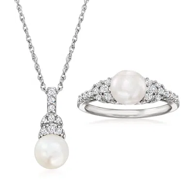 Ross-simons 7-7.5mm Cultured Pearl And . White Topaz Jewelry Set: Pendant Necklace And Ring In Sterling Silver