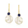 Ross-simons 7-7.5mm Cultured Pearl Drop Earrings With . Sapphires In 14kt Yellow Gold In Blue