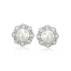 Ross-simons 7-7.5mm Cultured Pearl Earrings With . Sky Blue Topaz And . Diamonds In Sterling Silver
